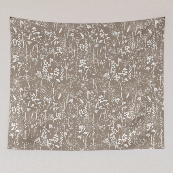 Item preview, White herbal silhouette seamless pattern on dark beige. Wild herbs. Wild life designed and sold by Yulia Chepurova.