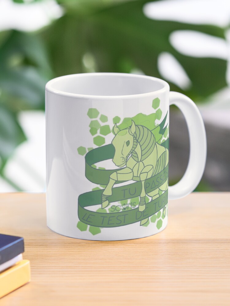 Aperçu 1 sur 6. Mug à café avec l'œuvre Tu passes pas le test de Turing [Insulter avec poney] créée et vendue par ScotisFr.