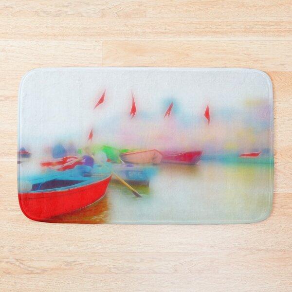 Item preview, Colorful boats on the misty shores of the Ganges River designed and sold by Boho Contessa.