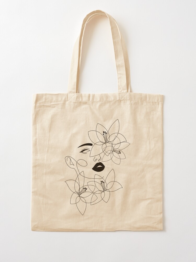 Face Floral Line Art Tote Bag by Valeria Art Boutique