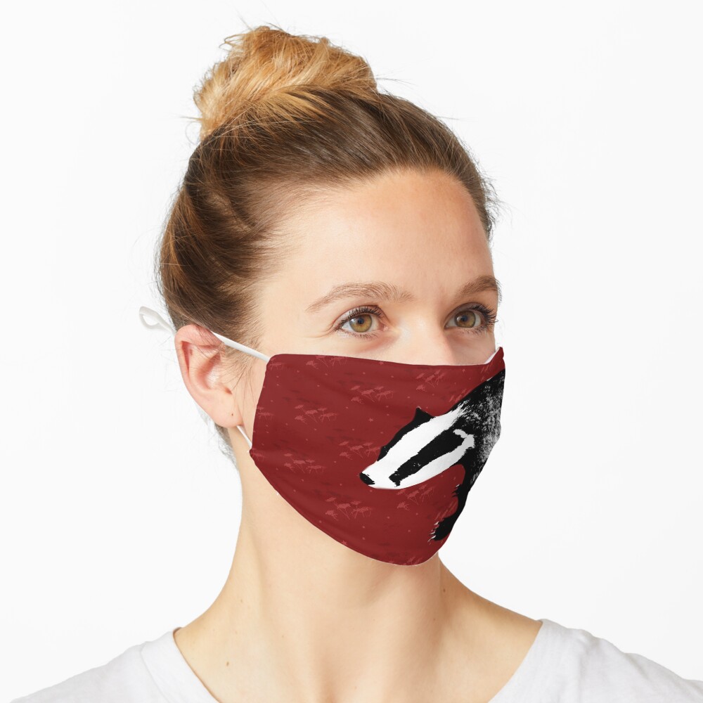 Badger on botanical red pattern Mask