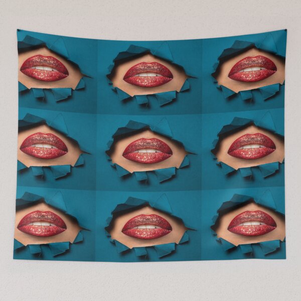 Item preview, Cant Breathe - Red Glitter Lips peeping through a hole in Teal paper designed and sold by cgroenewald.