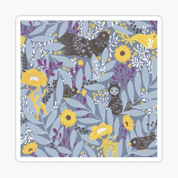 Whimsical blue garden with yellow flowers Sticker