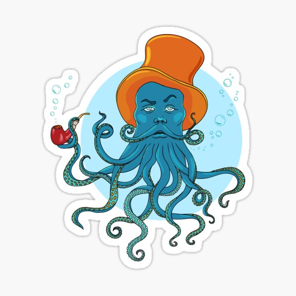 a man in a hat smoking pipe, a beard of octopus tentacles Sticker