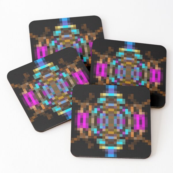 Item preview, geometric square pixel abstract in blue orange pink with black background designed and sold by Mrvell.