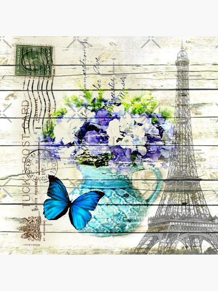 Shabby Chic Blue Butterfly Flowers Vintage Paris Eiffel Tower Sticker