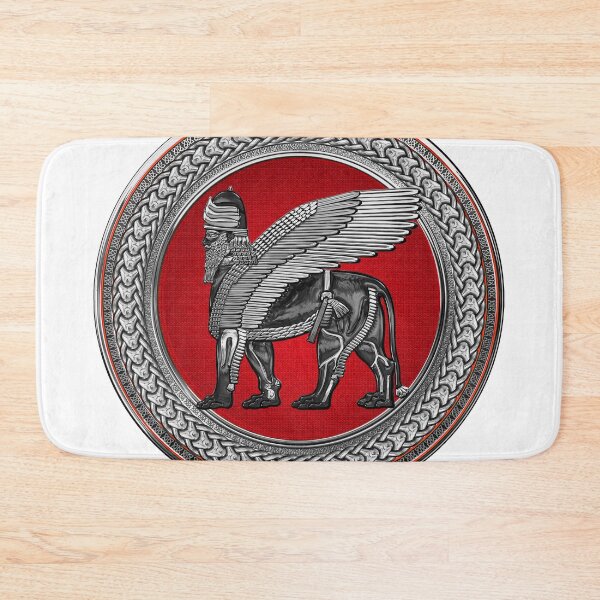 Item preview, Assyrian Winged Lion - Silver and Black Lamassu on Red and Silver Medallion over White Leather designed and sold by Serge Averbukh Art Studio.