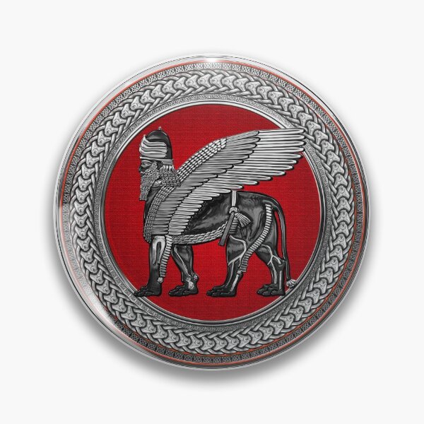 Item preview, Assyrian Winged Lion - Silver and Black Lamassu on Red and Silver Medallion over White Leather designed and sold by Serge Averbukh Art Studio.