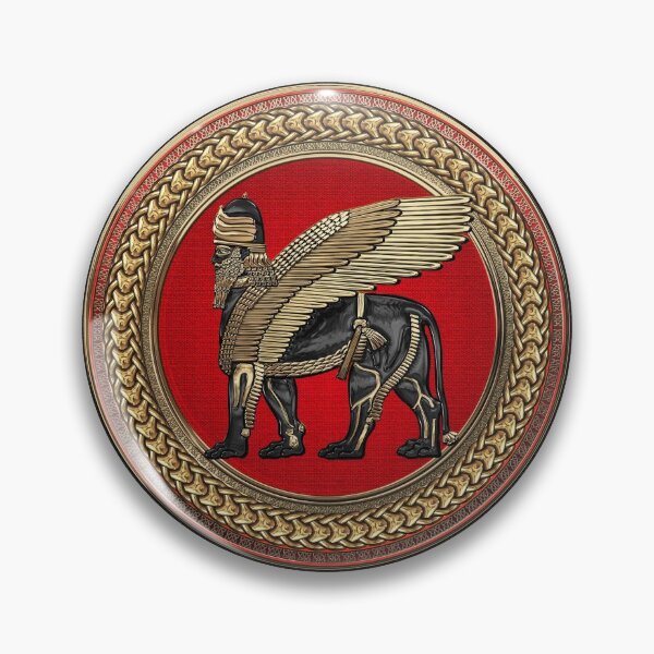Item preview, Assyrian Winged Lion - Gold and Black Lamassu on Red and Gold Medallion over Black Leather designed and sold by Serge Averbukh Art Studio.