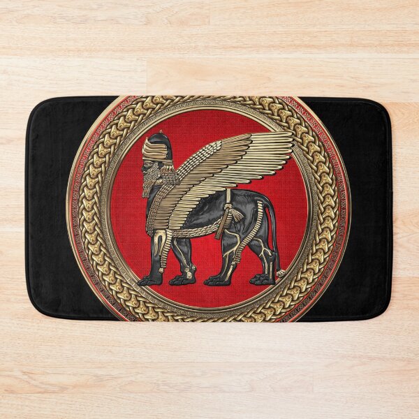Item preview, Assyrian Winged Lion - Gold and Black Lamassu on Red and Gold Medallion over Black Leather designed and sold by Serge Averbukh Art Studio.