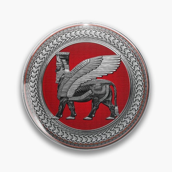 Item preview, Assyrian Winged Bull - Silver and Black Lamassu on Red Silver Medallion over White Leather designed and sold by Serge Averbukh Art Studio.