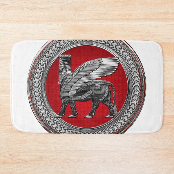 Item preview, Assyrian Winged Bull - Silver and Black Lamassu on Red Silver Medallion over White Leather designed and sold by Serge Averbukh Art Studio.