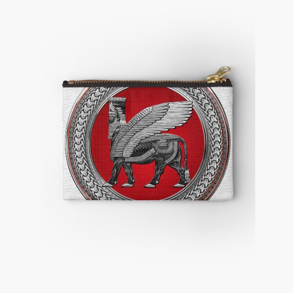 Item preview, Assyrian Winged Bull - Silver and Black Lamassu on Red Silver Medallion over White Leather designed and sold by Serge Averbukh Art Studio.