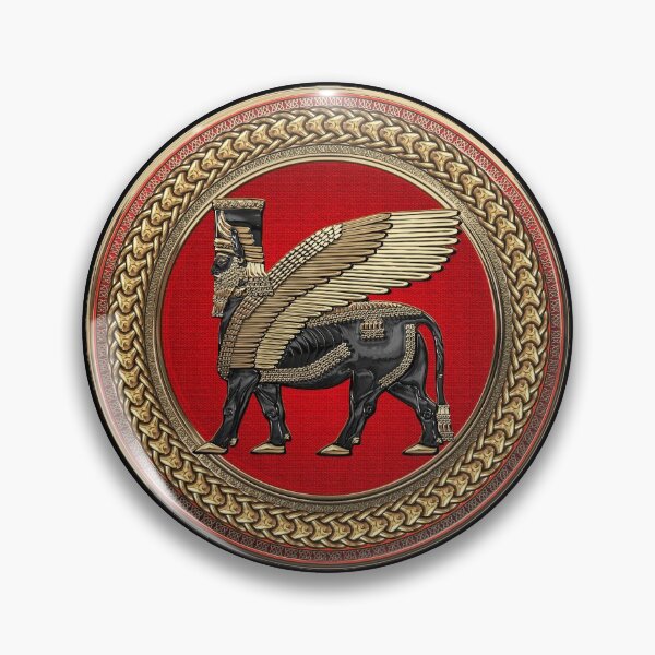 Item preview, Assyrian Winged Bull - Gold and Black Lamassu on Red and Gold Medallion over Black Leather designed and sold by Serge Averbukh Art Studio.