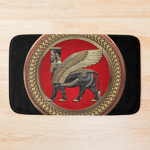 Item preview, Assyrian Winged Bull - Gold and Black Lamassu on Red and Gold Medallion over Black Leather designed and sold by Serge Averbukh Art Studio.