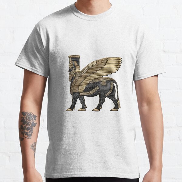 Assyrian Winged Bull - Gold and Black Lamassu over White Leather Classic T-Shirt