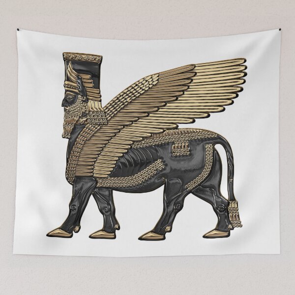 Item preview, Assyrian Winged Bull - Gold and Black Lamassu over White Leather designed and sold by Serge Averbukh Art Studio.