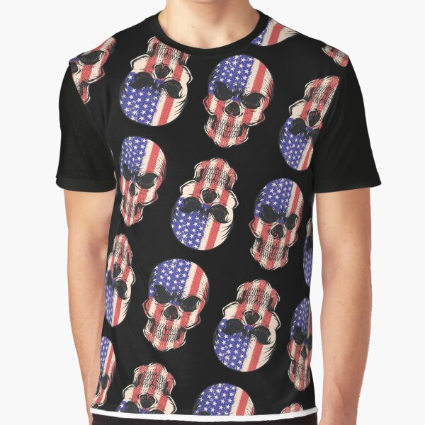 Red, White and Blue Skulls American Flag, Stars and Stripes Design, Artwork, Vector, Graphic Graphic T-Shirt