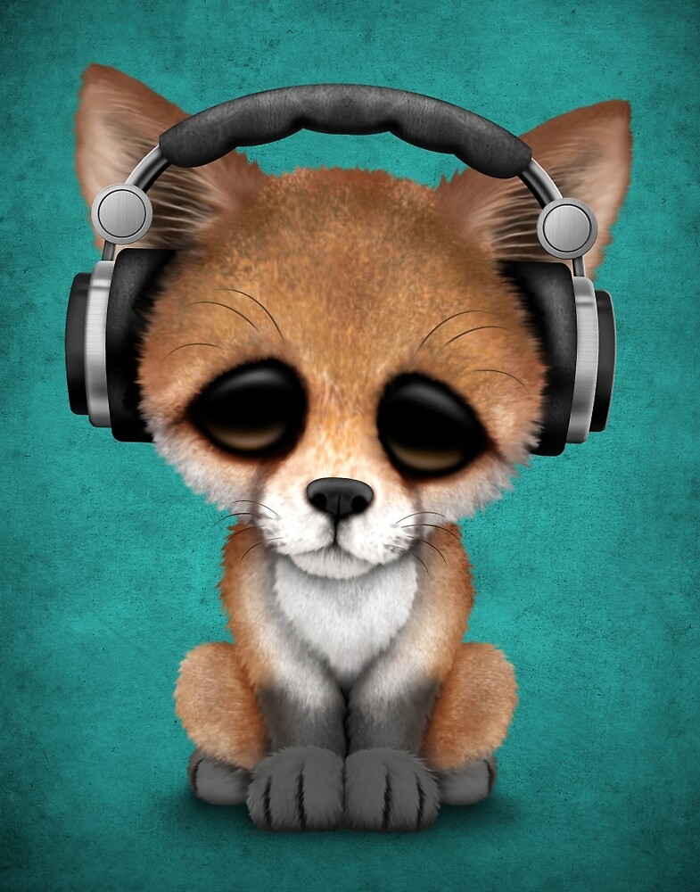 "Cute Red Fox Cub Dj Wearing Headphones on Blue" by jeff bartels