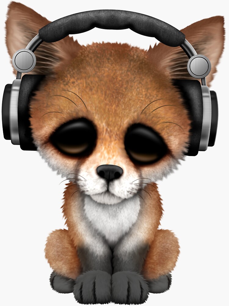 "Cute Red Fox Cub Dj Wearing Headphones on Blue" Sticker by JeffBartels