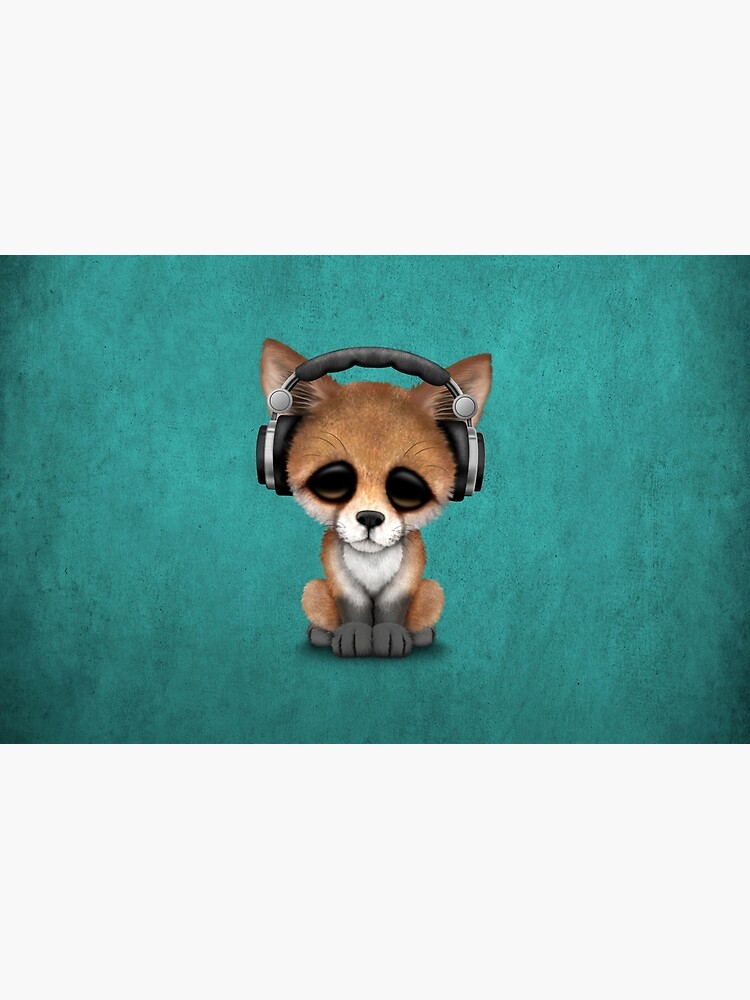 "Cute Red Fox Cub Dj Wearing Headphones on Blue" Zipper Pouch for Sale