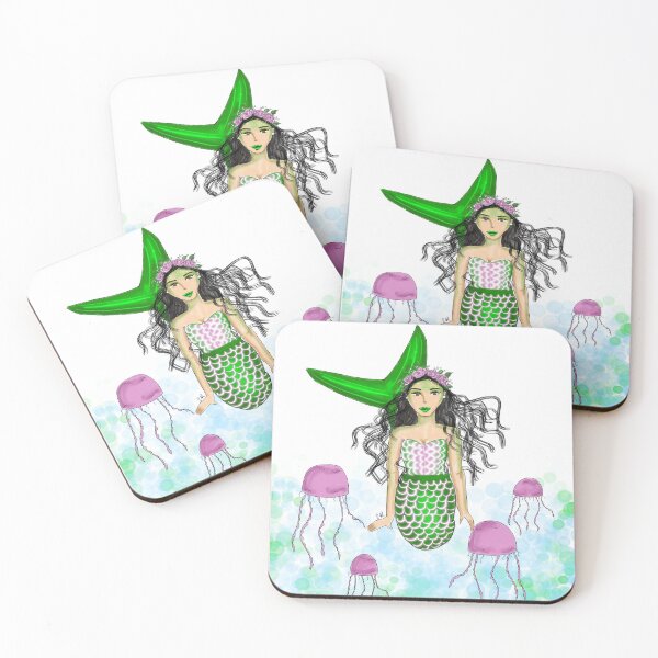Item preview, Green and Purple Mermaid Siren with Jellyfish Wall Art designed and sold by SMillustrations.