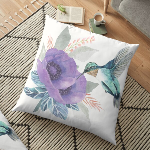 Humingbird and purple flower in watercolor Floor Pillow