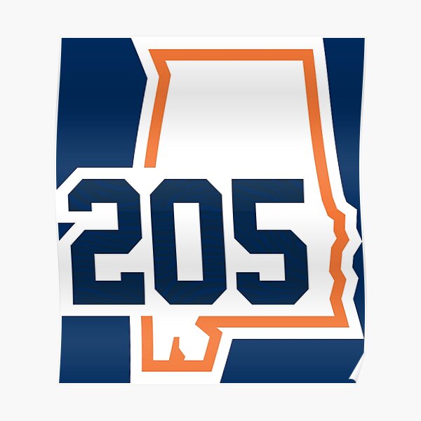 alabama-205-area-code-in-orange-blue-poster-by-sleepylab-redbubble