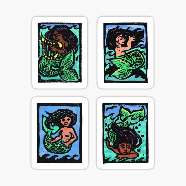 Four Mermaids in Color (handcarved stamp art by Kir) Sticker