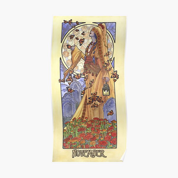 Lady of November with Chrysanthemums and Monarch Butterflies Aztec Death Goddess Mucha Inspired Birthstone Series Poster