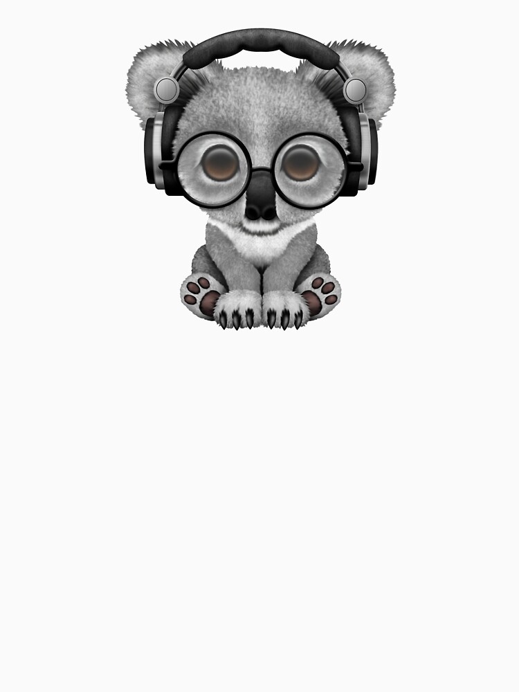 escuchando música La cabeza del koala está ligeramente inclinada hacia un lado y lleva gafas grandes, lo que le da un aspecto curioso. El fondo de textura rugosa le da al diseño un aspecto rústico de JeffBartels