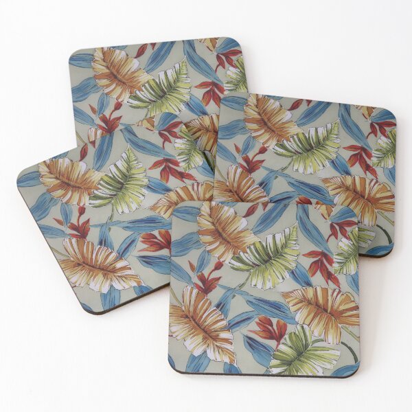 Item preview, Handpainted Tropical Leaves in Blue, Rust and Green on Khaki Ground designed and sold by Leslie Rogers Todder.