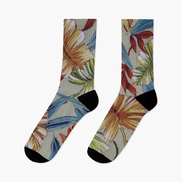 Item preview, Handpainted Tropical Leaves in Blue, Rust and Green on Khaki Ground designed and sold by Leslie Rogers Todder.