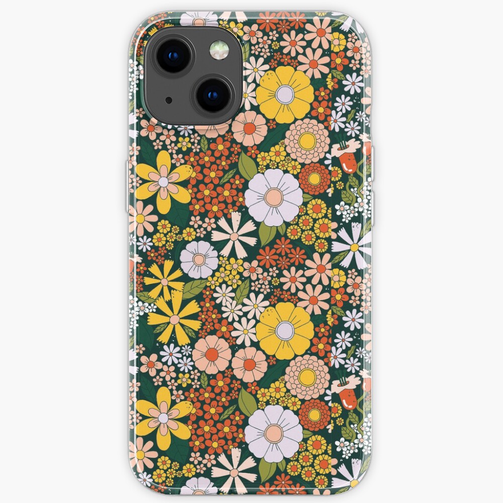 retro 70s green flower pattern iPhone Case