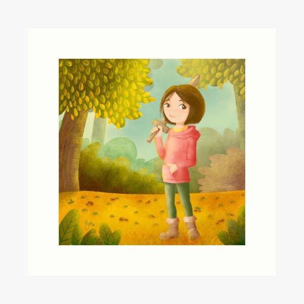 Niña aventurera con espada de madera en el bosque Lámina artística