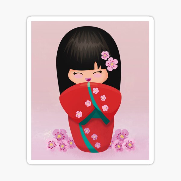 Kokeshi rodeada de flores de cerezo Pegatina