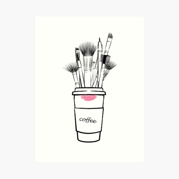 Makeup brush set and coffee cup fashion illustration Art Print