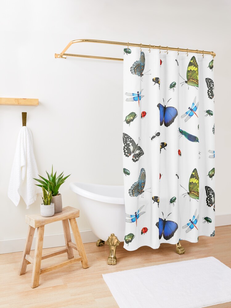 Animal Shower Curtain, Ladybug Butterfly Bee in Exotic Garden