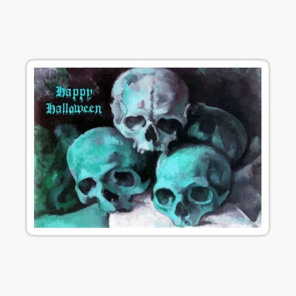 Happy Halloween Pile of Skulls in Teal Sticker