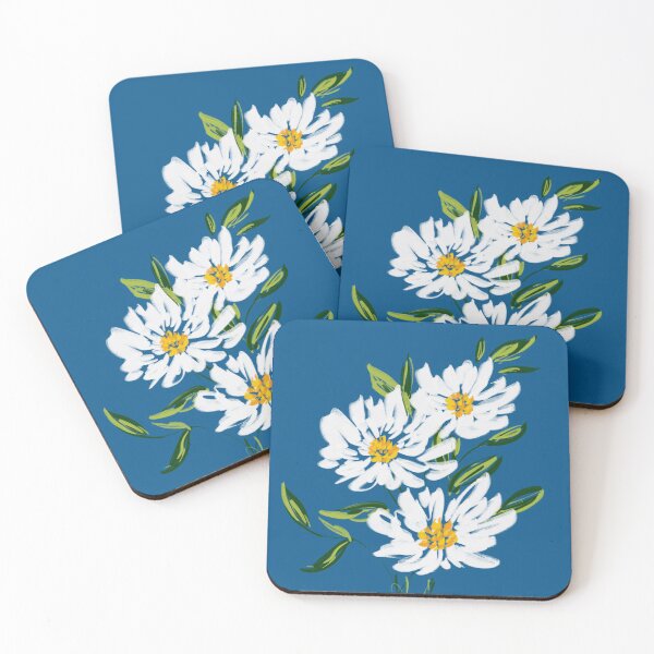 Item preview, white flowers with yellow centers on blue background designed and sold by Ilze Lucero.