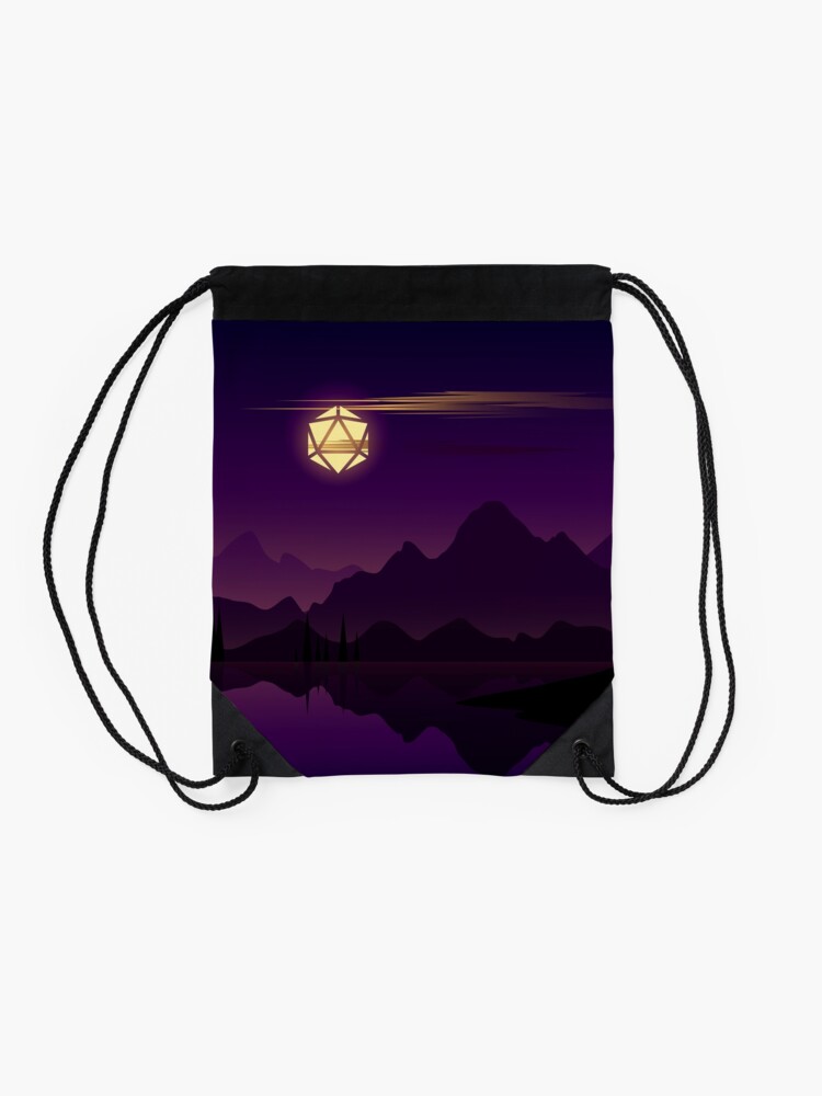 Alternate view of Synthwave Full Moon D20 Dice RPG Night Roleplaying Landscapes Drawstring Bag