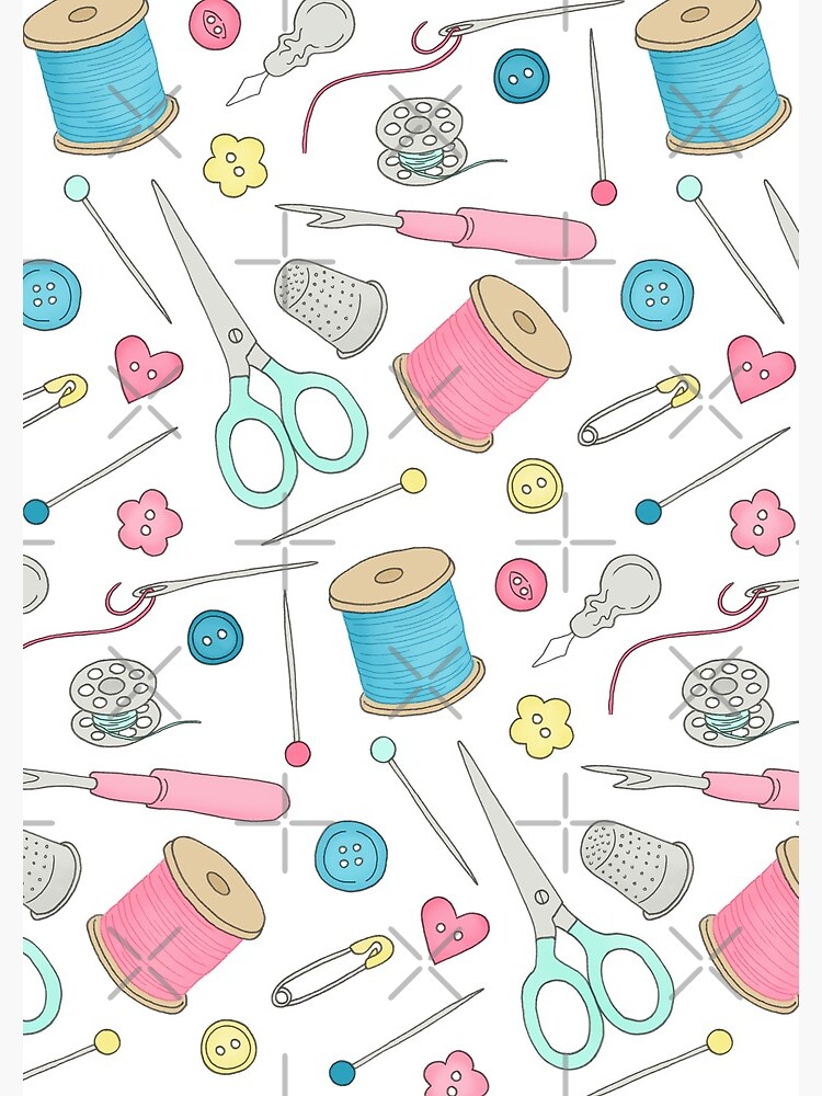 Sewing Notions pattern - cotton reels, scissors, buttons and pins