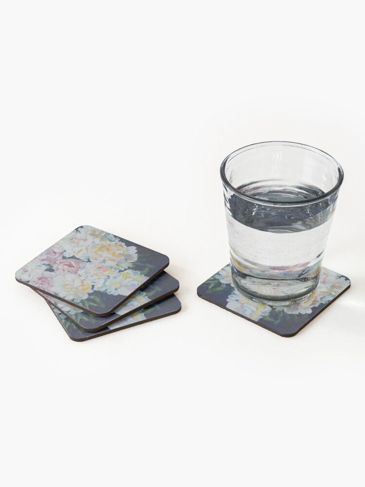 Alternate view of A floral bouquet painting of white, cream and pink peonies. 'Serenity' painted on canvas Coasters (Set of 4)