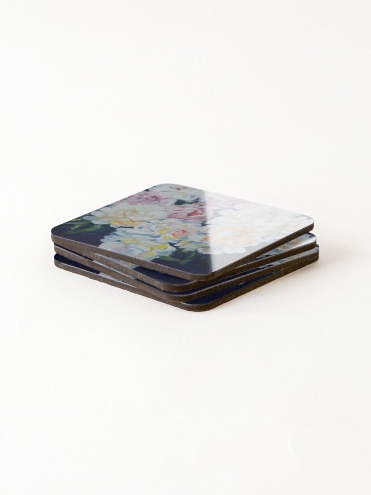 Alternate view of A floral bouquet painting of white, cream and pink peonies. 'Serenity' painted on canvas Coasters (Set of 4)