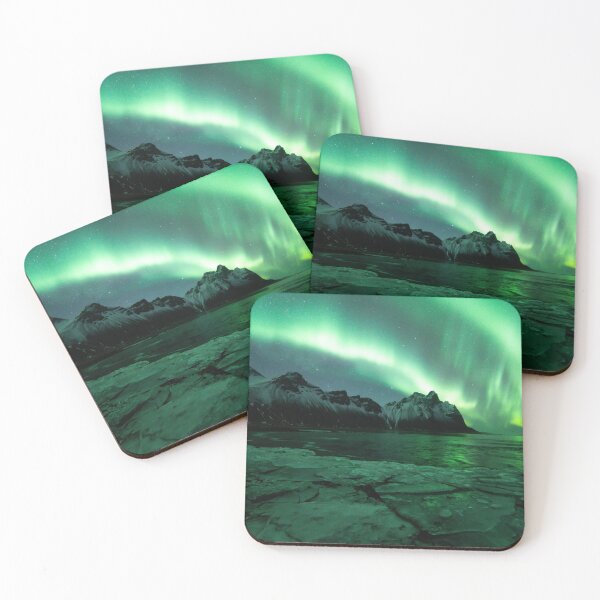 Item preview, Northern lights above Vestrahorn mountain in Stokksnes, Iceland with ice in the foreground designed and sold by michieldros.