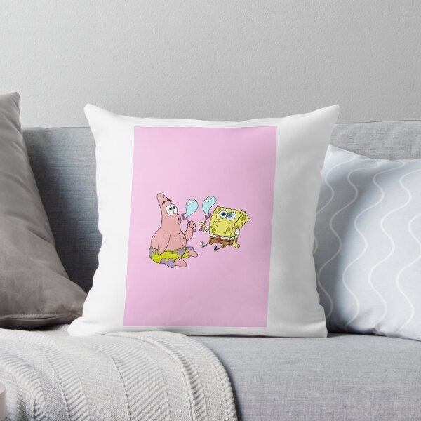 Spongebob and Patrick blowing bubbles pink Throw Pillow
