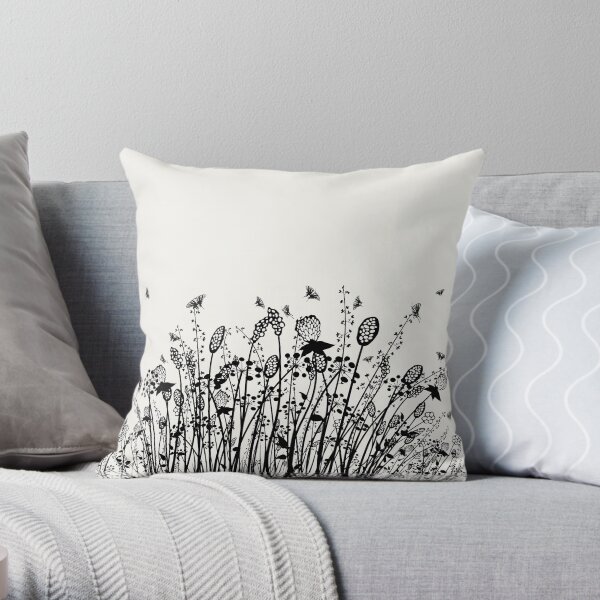 Summer Flowers Linocut Black Throw Pillow