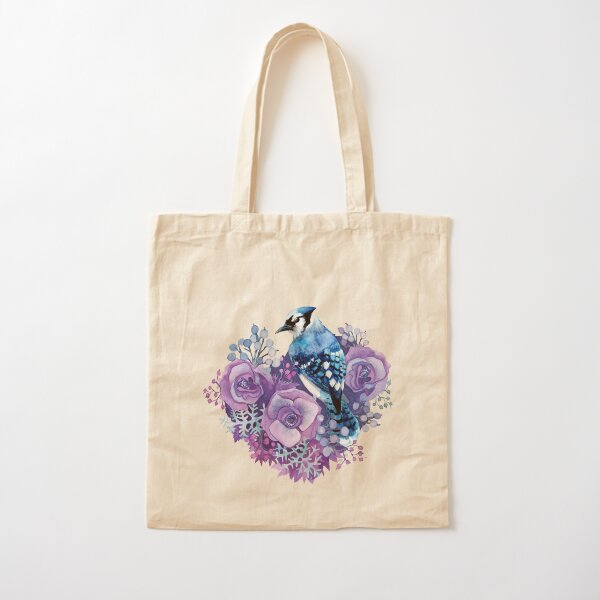 Blue Jay and Violet Flowers Watercolor Cotton Tote Bag