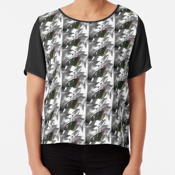 Black Butterfly On Black And White Chiffon Top