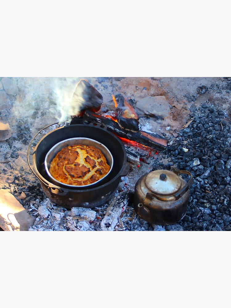 "Damper and kettle on the camp fire, Australia" Sticker for Sale by